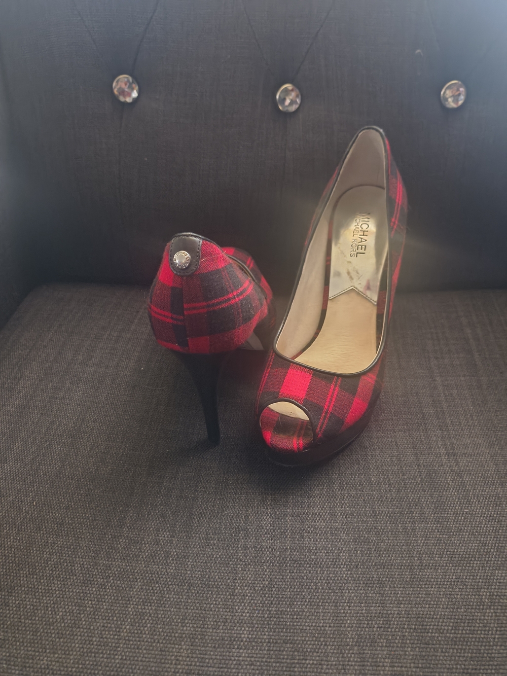 MICHAEL Michael Kors Red and Black Plaid Peep-Toe Pumps